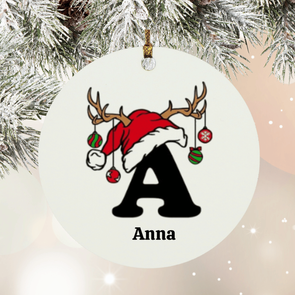 Initial and Reindeer Hat Circle Ornament - ELISERIE