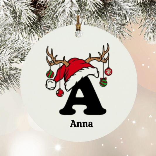 Initial and Reindeer Hat Circle Ornament - ELISERIE