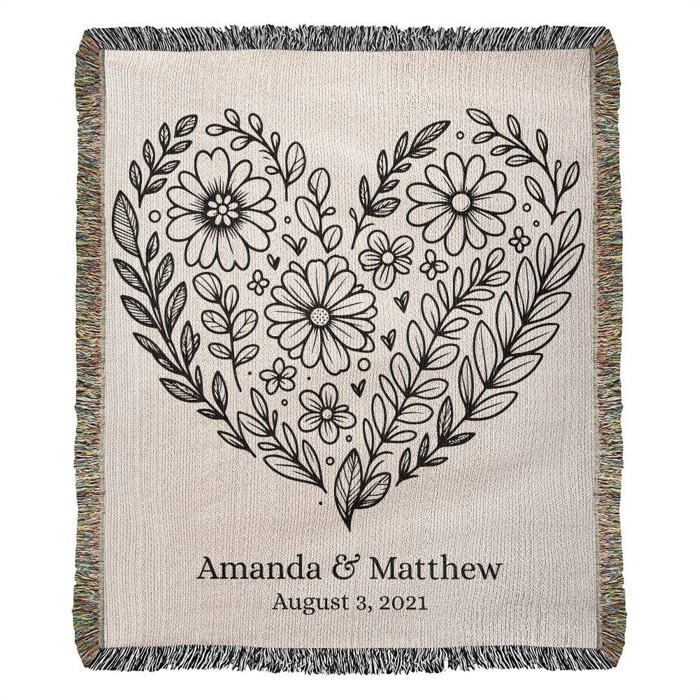 Personalized Floral Heart Woven Blanket – A Timeless Keepsake