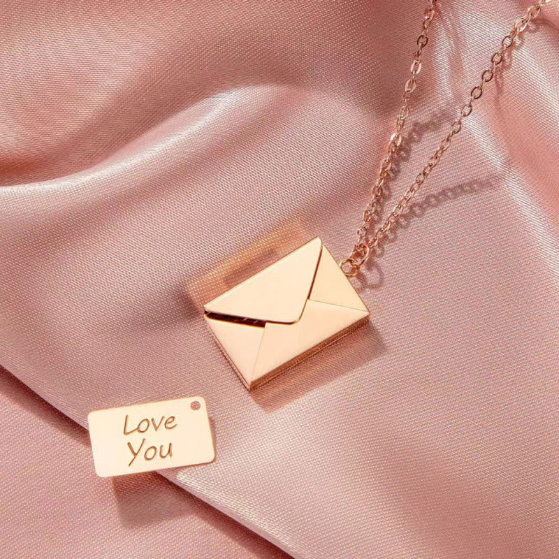 Charm decorative artistic envelope can be opened commemorative design sense English letter card stainless steel titanium steel necklace - ELISERIE