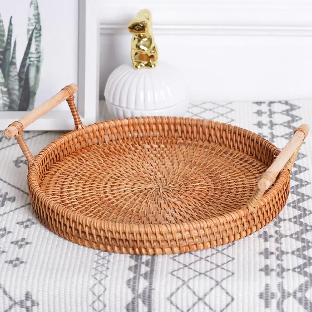 Hand-Woven Round Rattan Tray with Handle