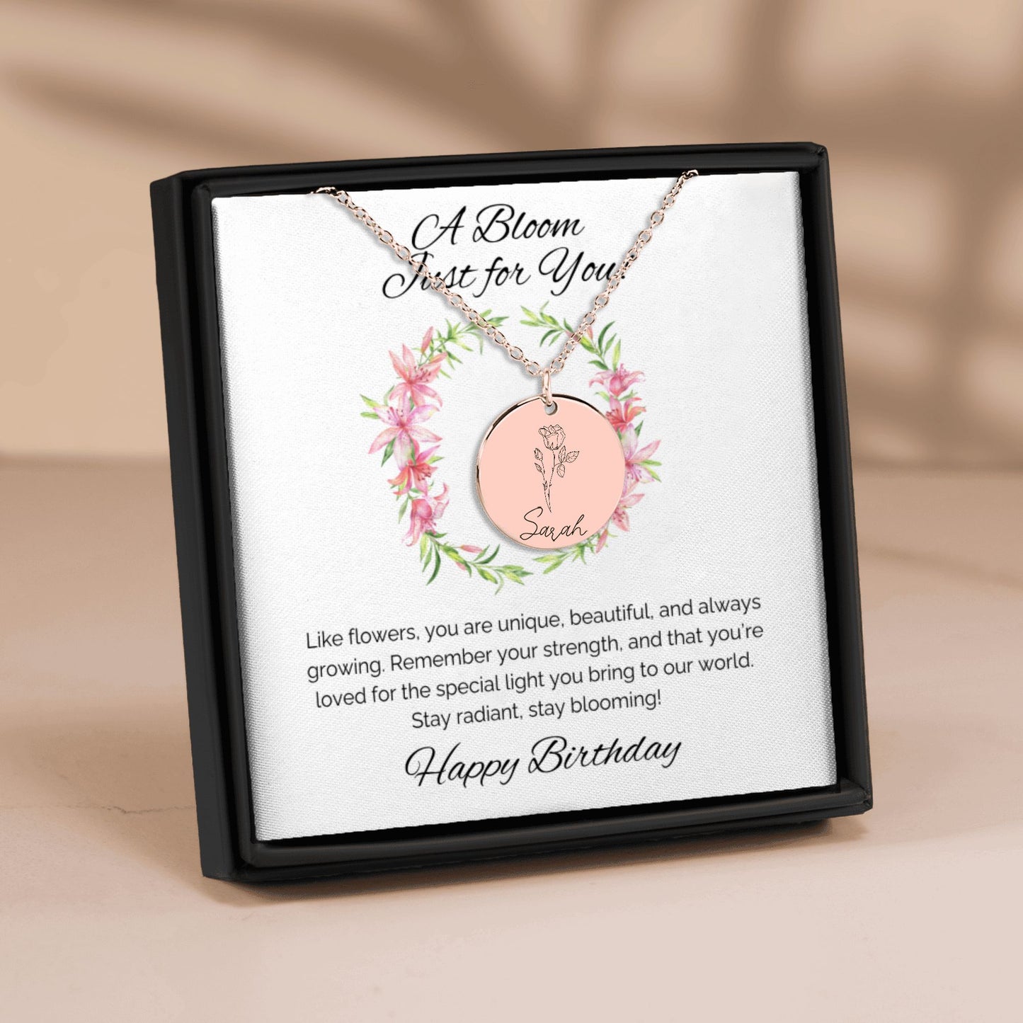 Birthday Wishes - Name & Birth Flower Round Necklace