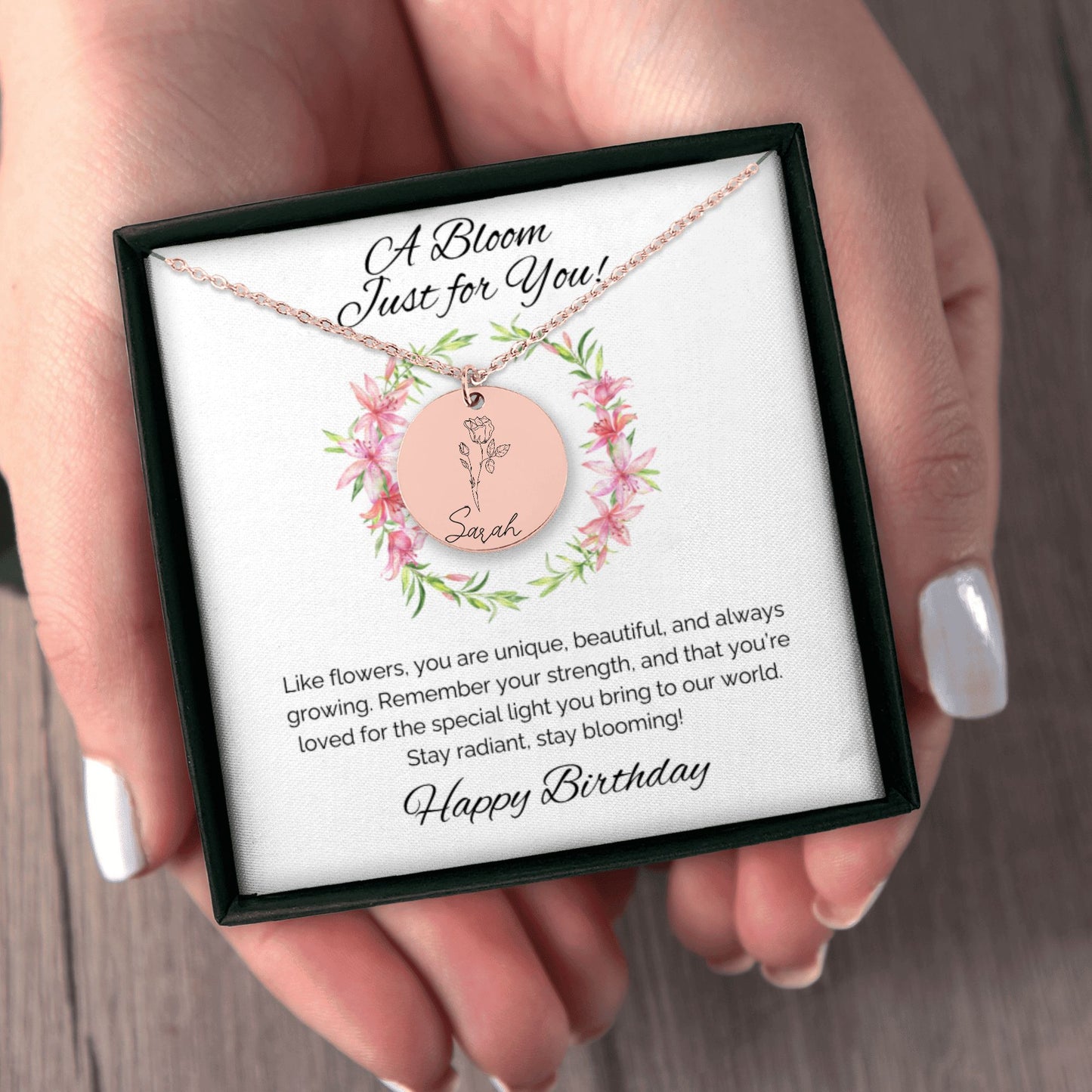 Birthday Wishes - Name & Birth Flower Round Necklace