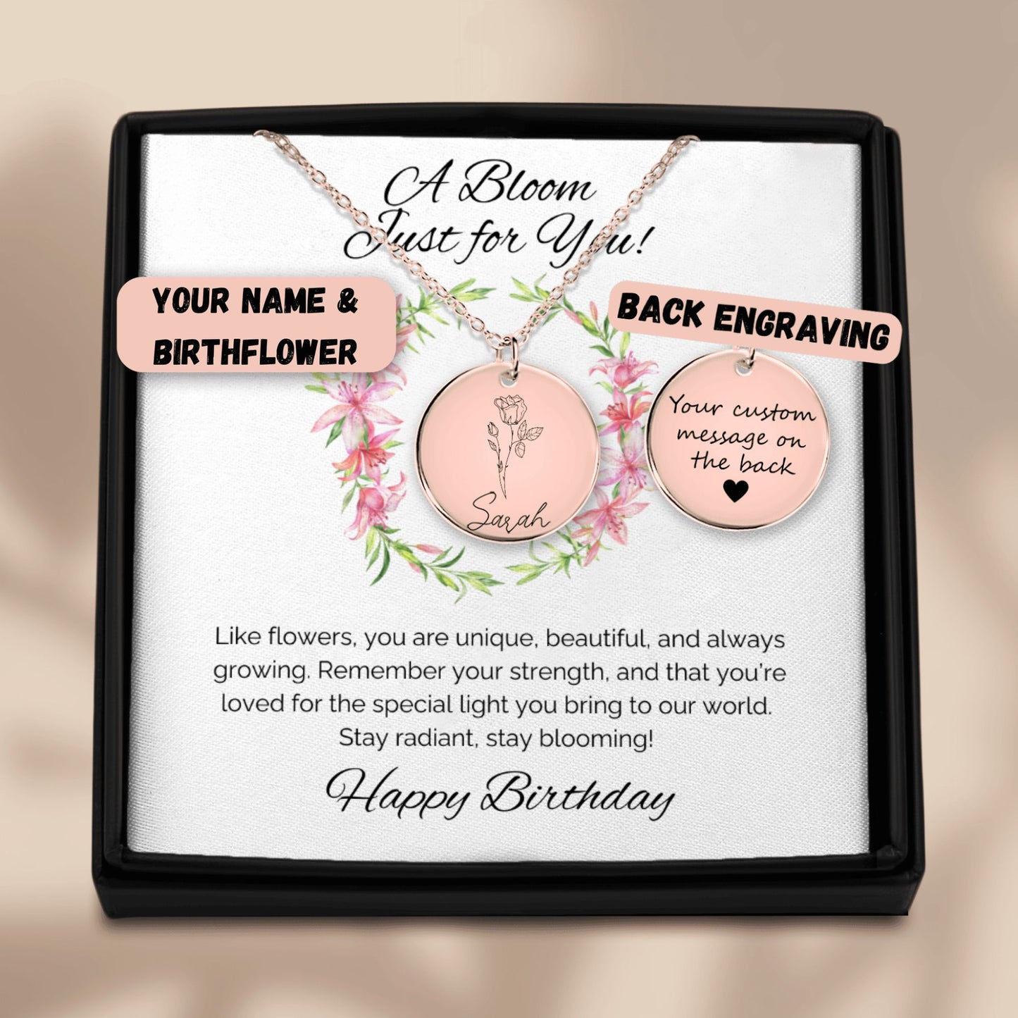 Birthday Wishes - Name & Birth Flower Round Necklace