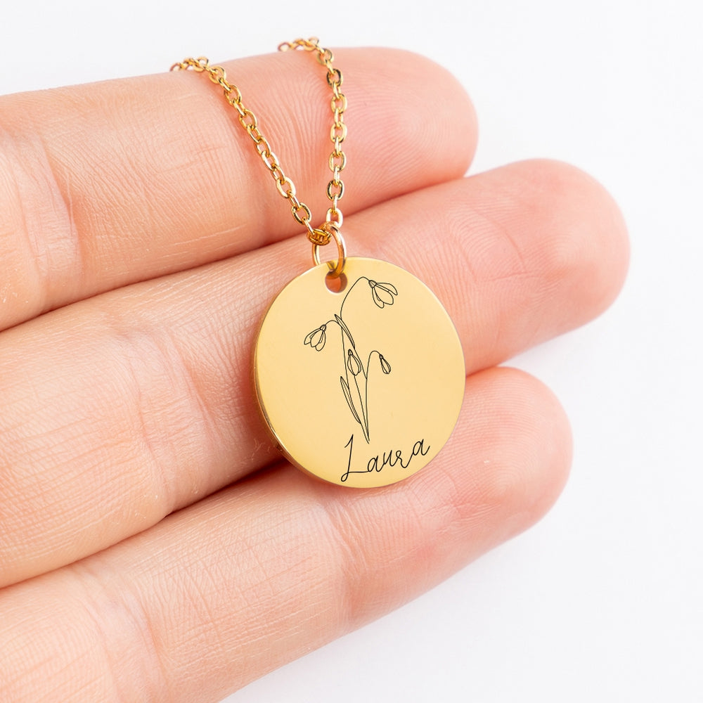 Name & Birth Flower Necklace (Round) at Eliserie