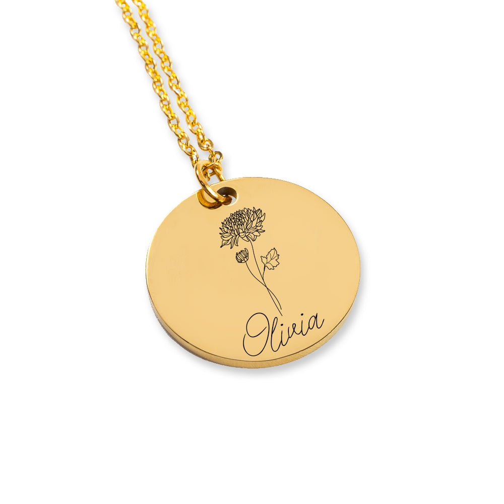 Name & Birth Flower Necklace (Round) - ELISERIE