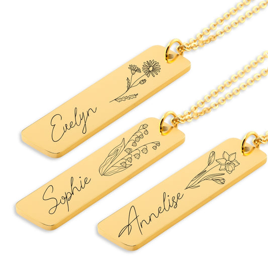 Name & Birthflower Necklace (Rectangle)