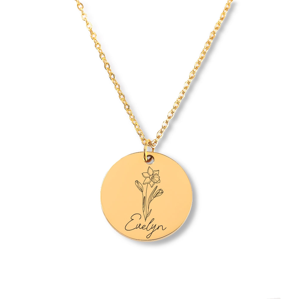 Name & Birth Flower Necklace (Round) - ELISERIE